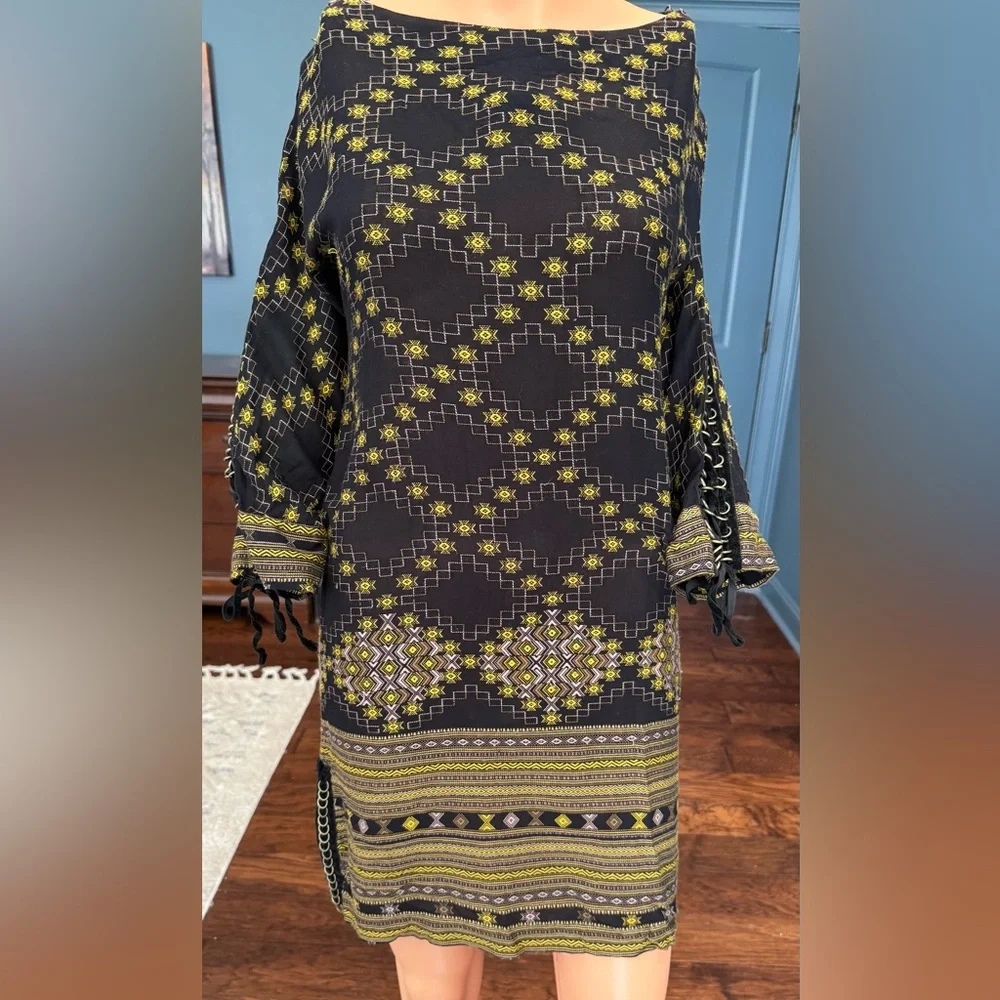 Free People New Romantics Dress Black Yellow Chain Sleeve Boho Size M - Picture 2 of 10